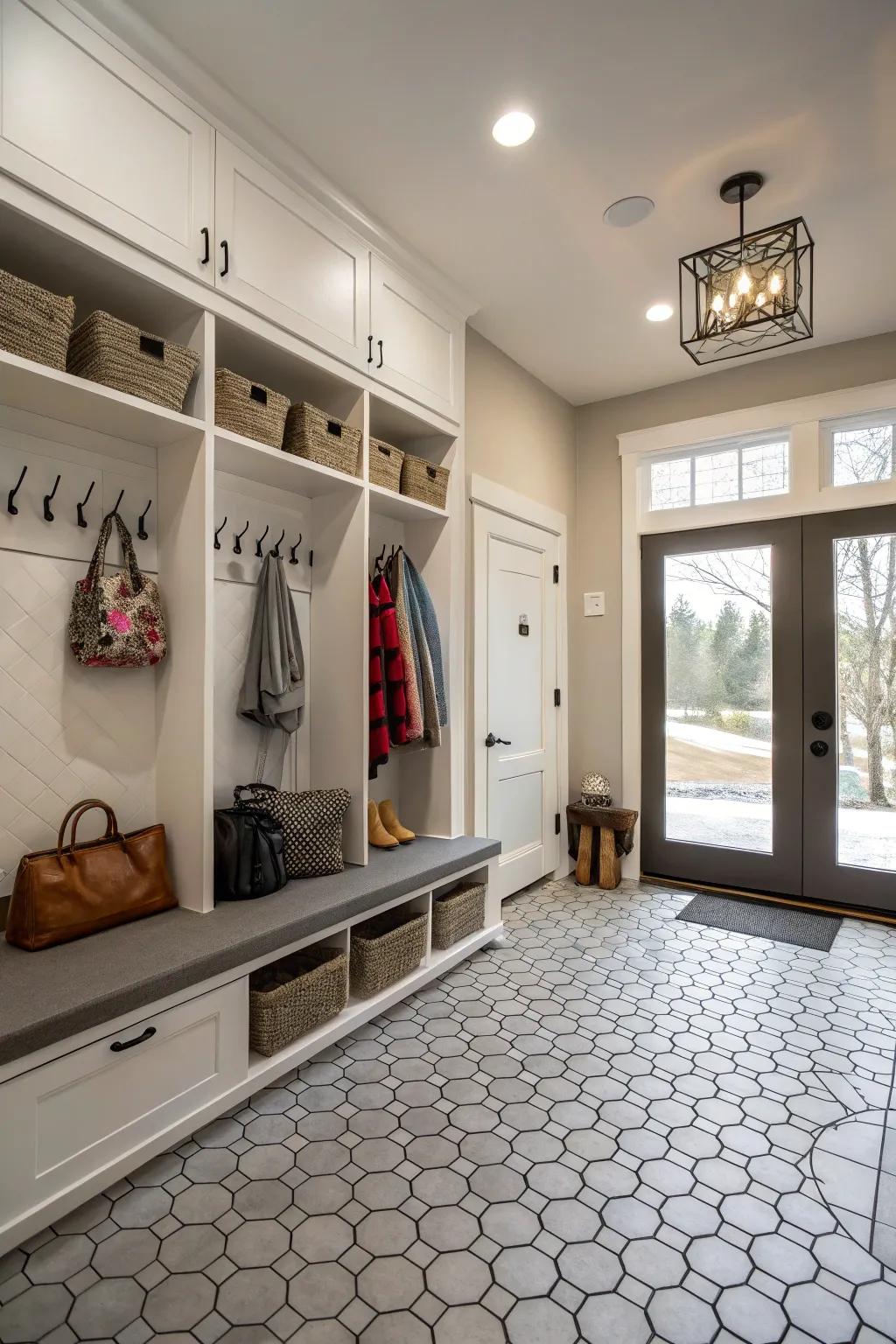 Hexagonal tiles contributing modern flair to a mudroom