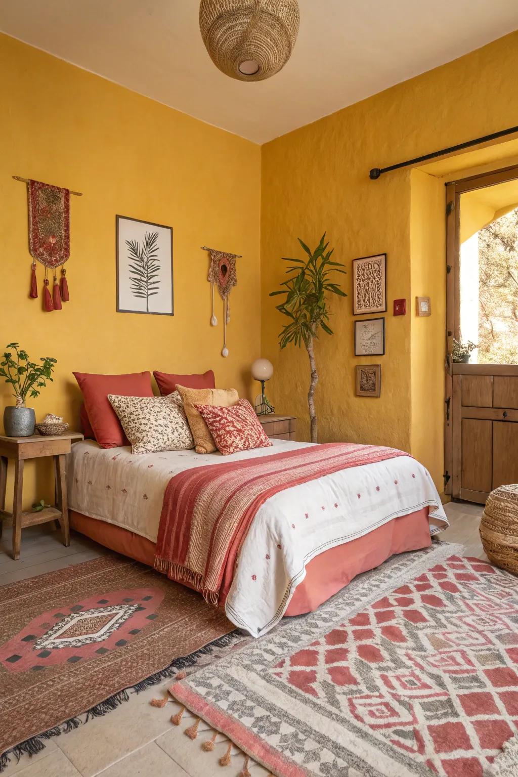 A bedroom exhibiting wheat, terracotta, and coral design hints.