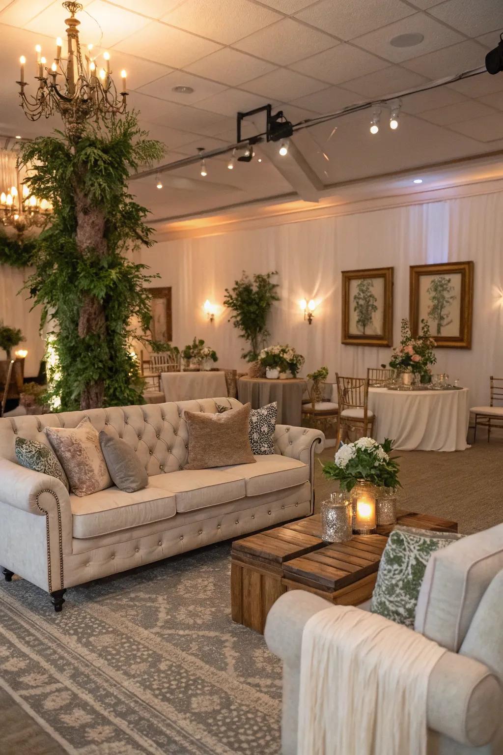 Fashionable relaxation spaces offer cozy spots for attendees to relax.