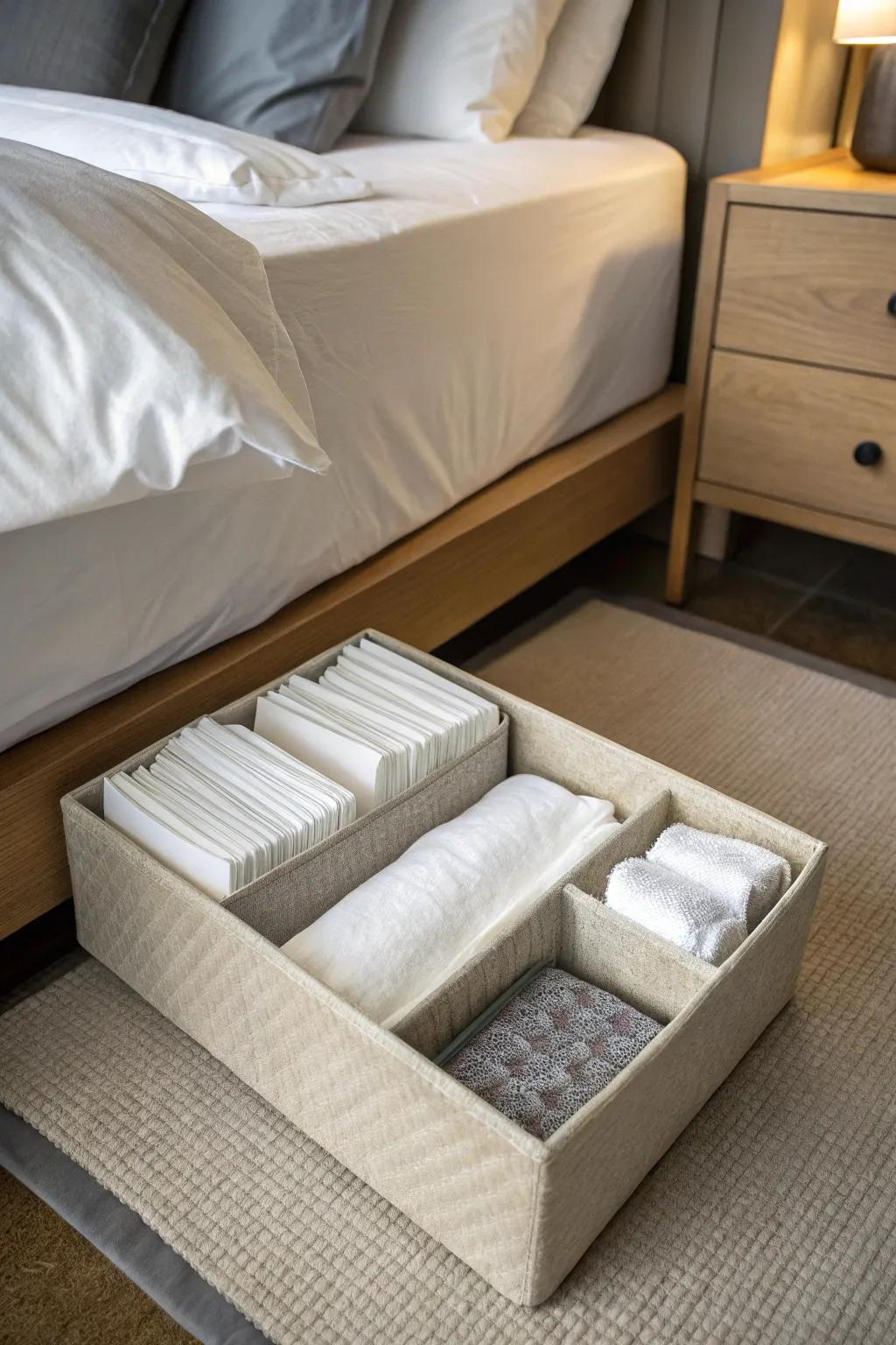 Utilize under-bed space for organized napkin storage.