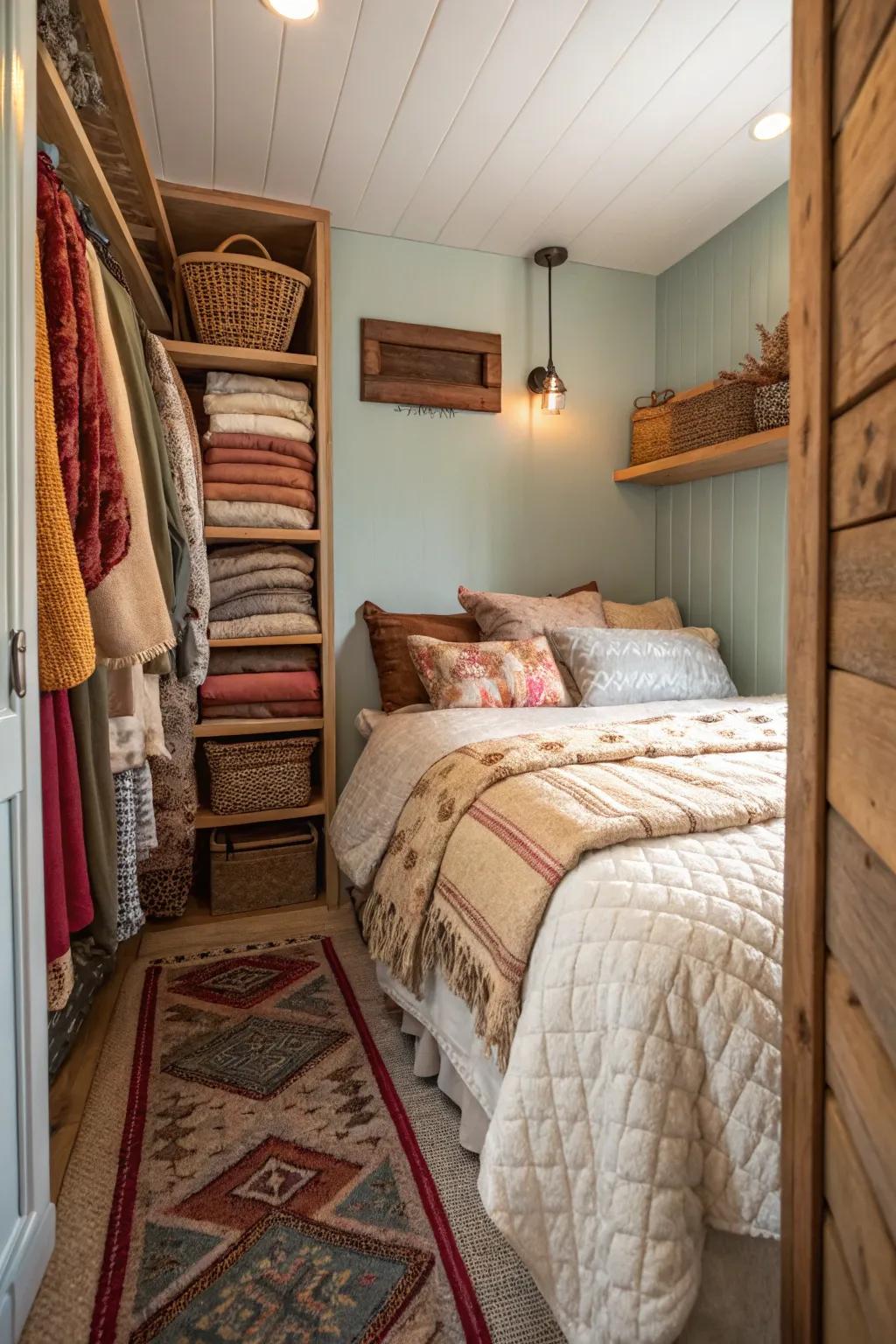 Layered textiles add depth and warmth to a slender bedroom.