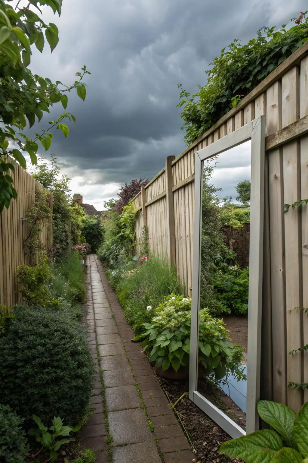 Mirrors create the illusion of more space in a narrow garden.