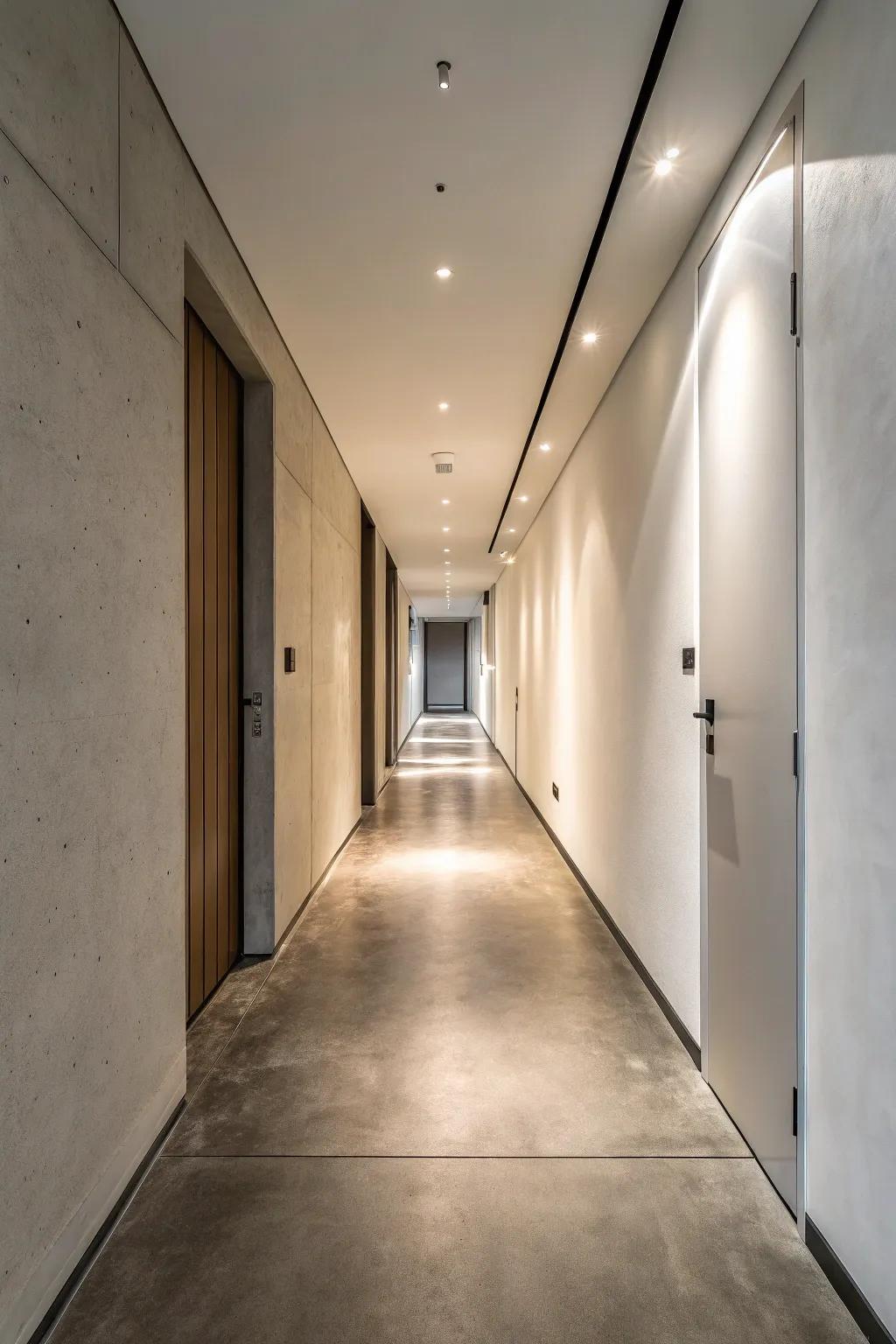 Concrete flooring brings a polished, modern aesthetic to narrow hallways.