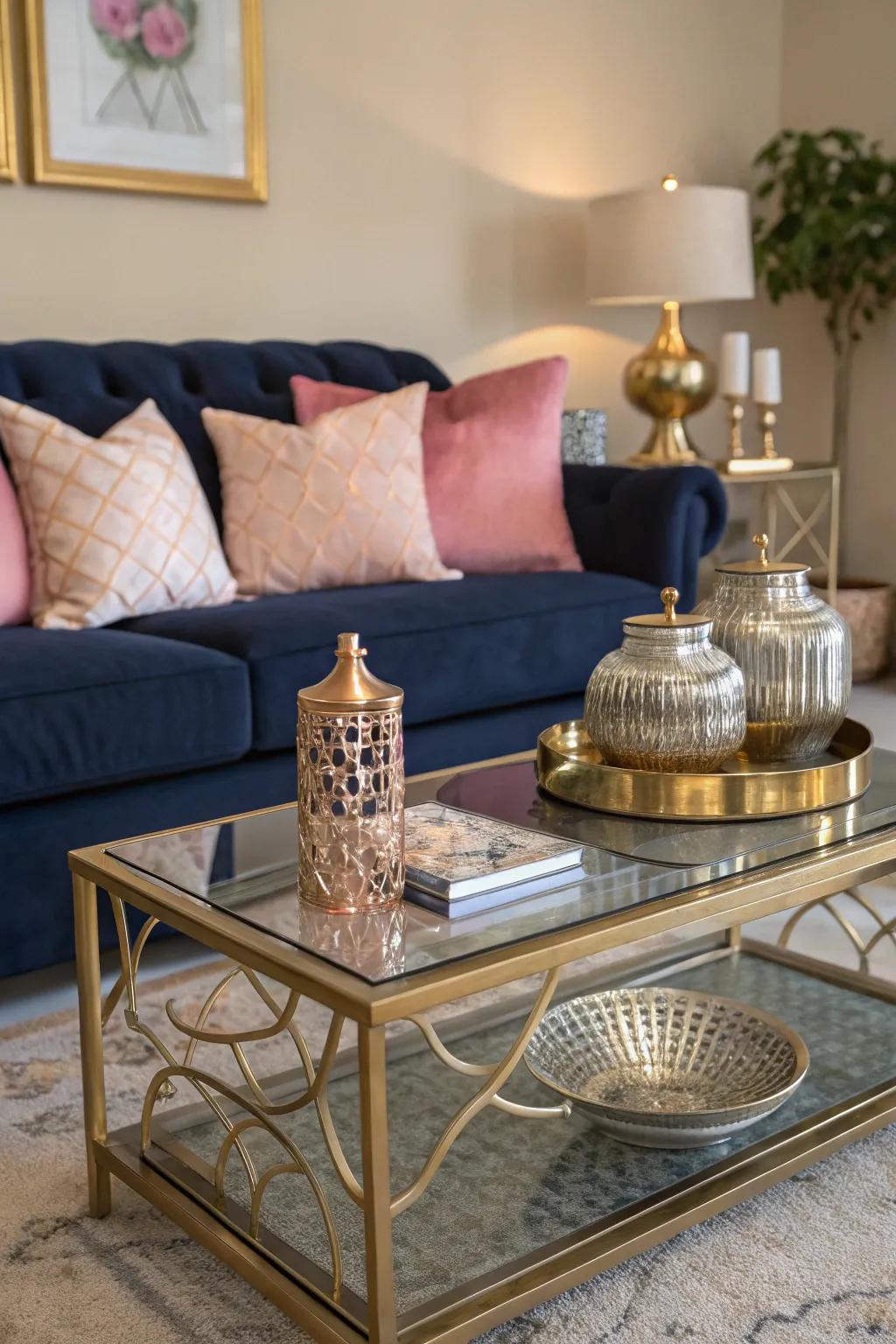 Mixed metals add a sophisticated contrast to navy and rose.