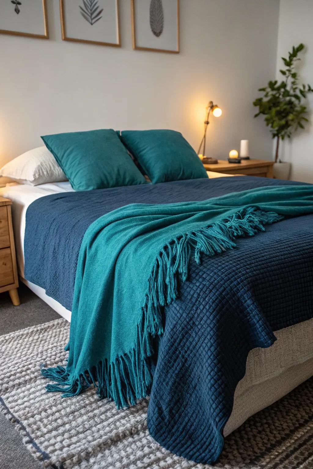 Teal throws introduce warmth and color, ideal for layering.
