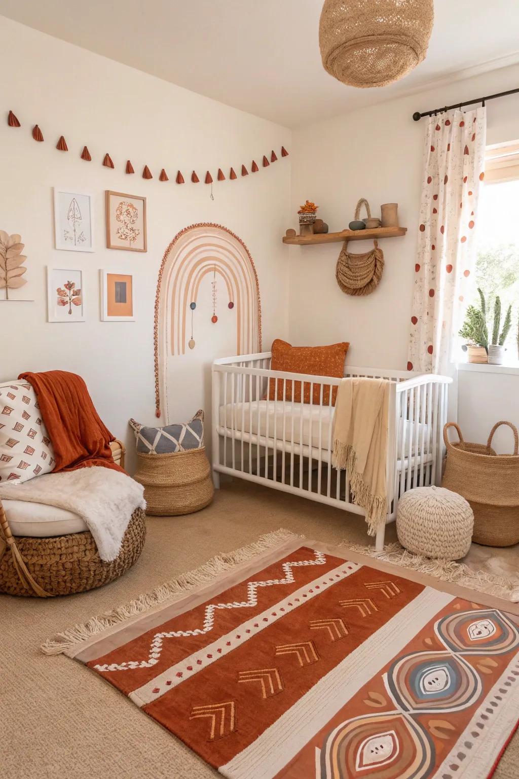 A baby room with warm terracotta touches.