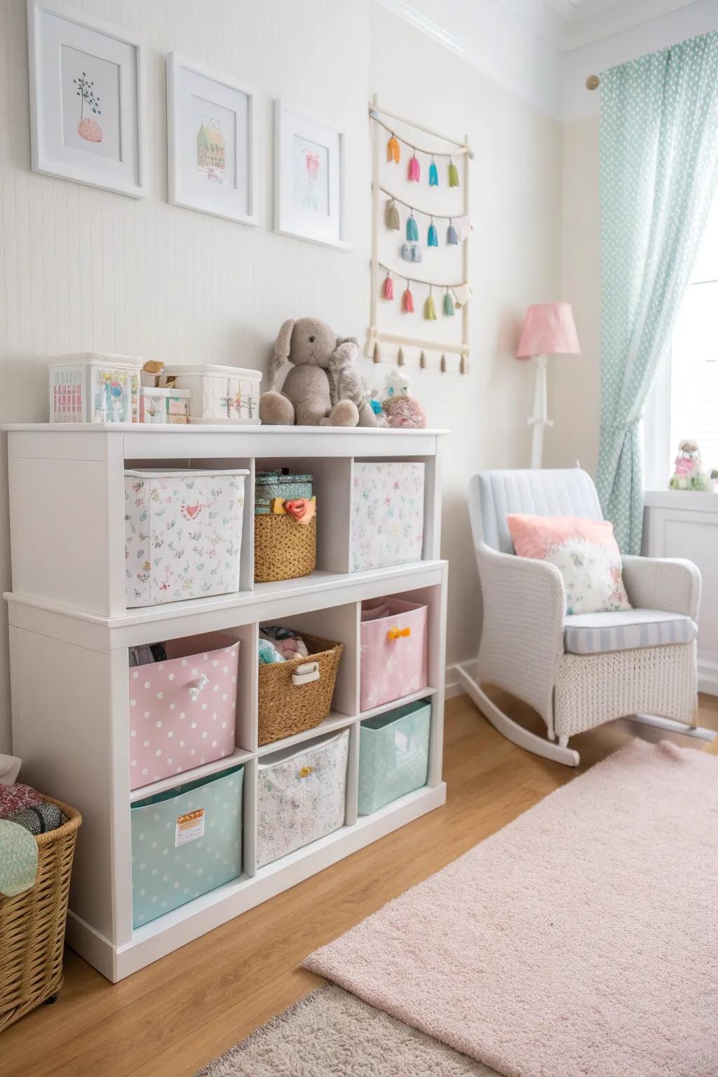A baby's room with labeled bins and shelves for good organization.