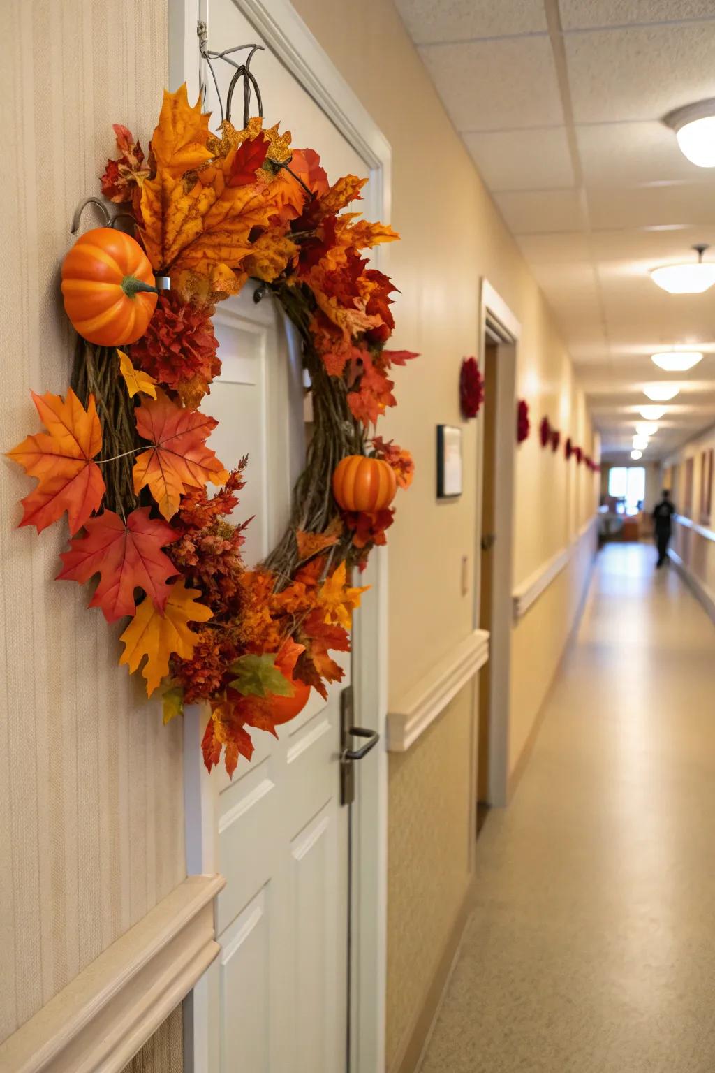 A pumpkin wreath offers a warm and festive welcome.