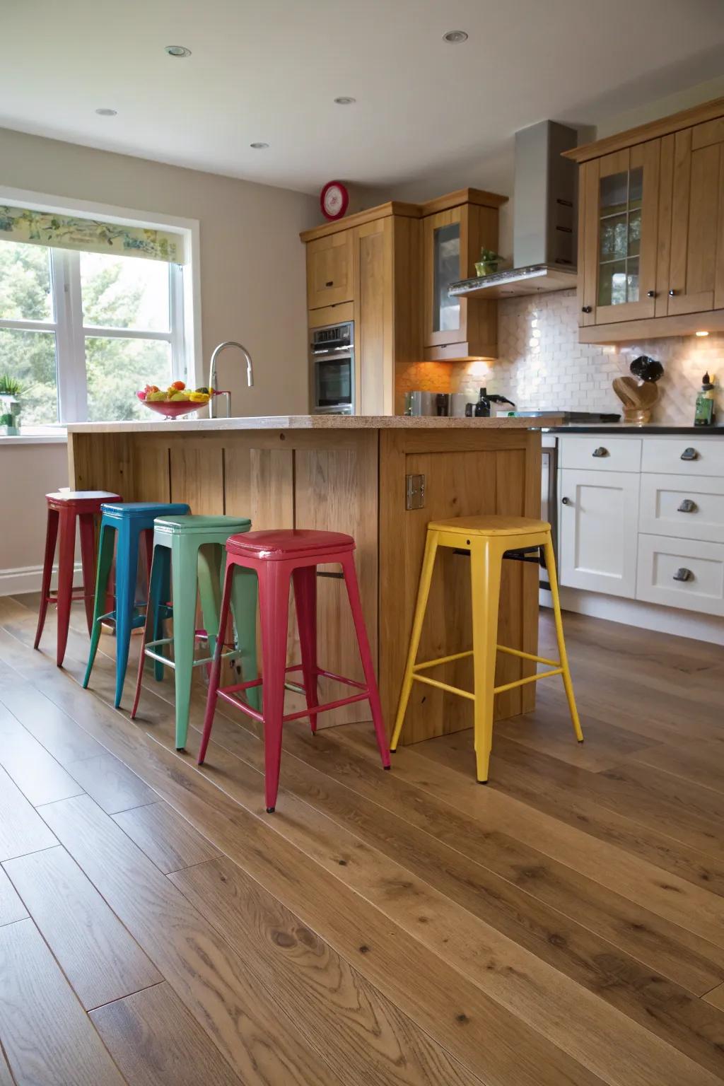A daring deluge of hue against classic hardwood floors.