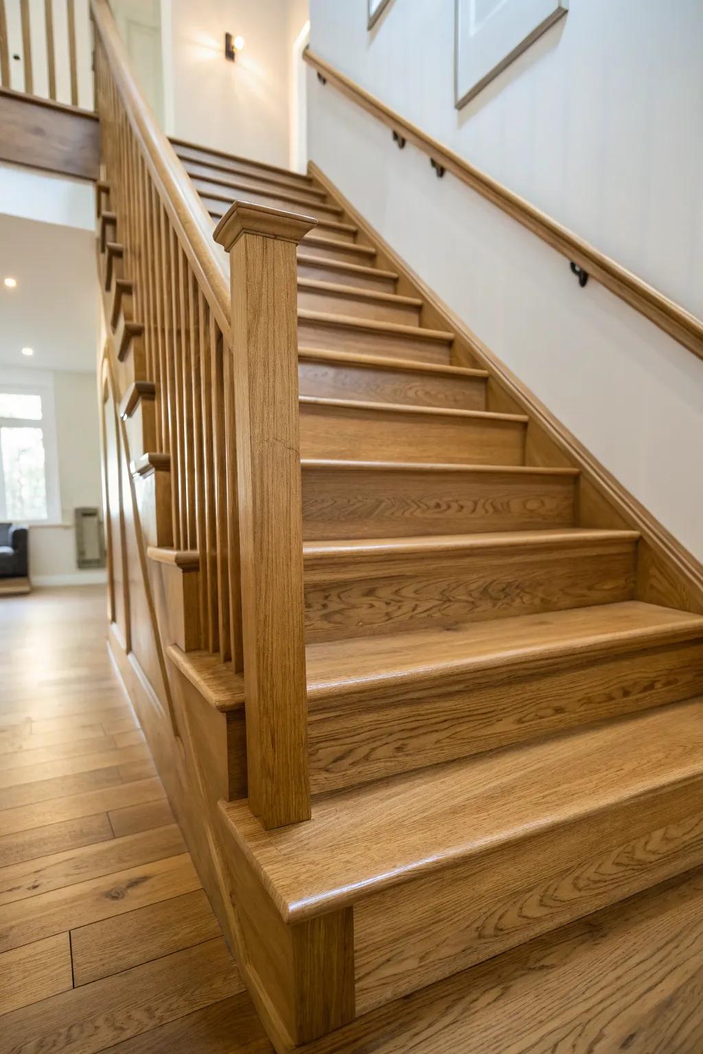 Environmentally benign finishes augment the loveliness of an oak stairway.