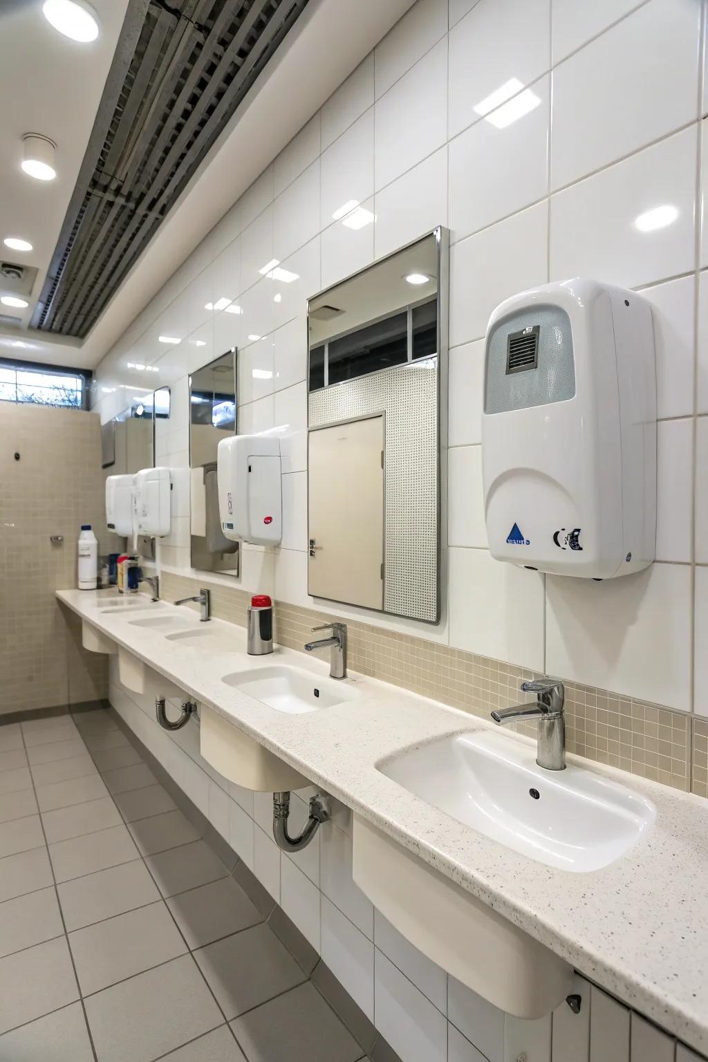Automatic dispensers enhance hygiene and convenience in the office restroom.