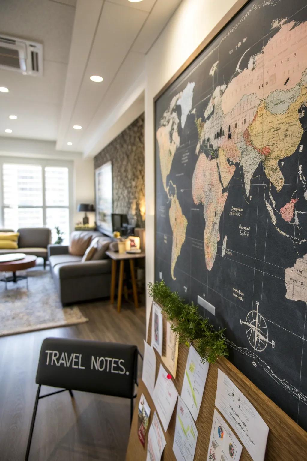Embark on global adventures from your workspace with a chalkboard map.