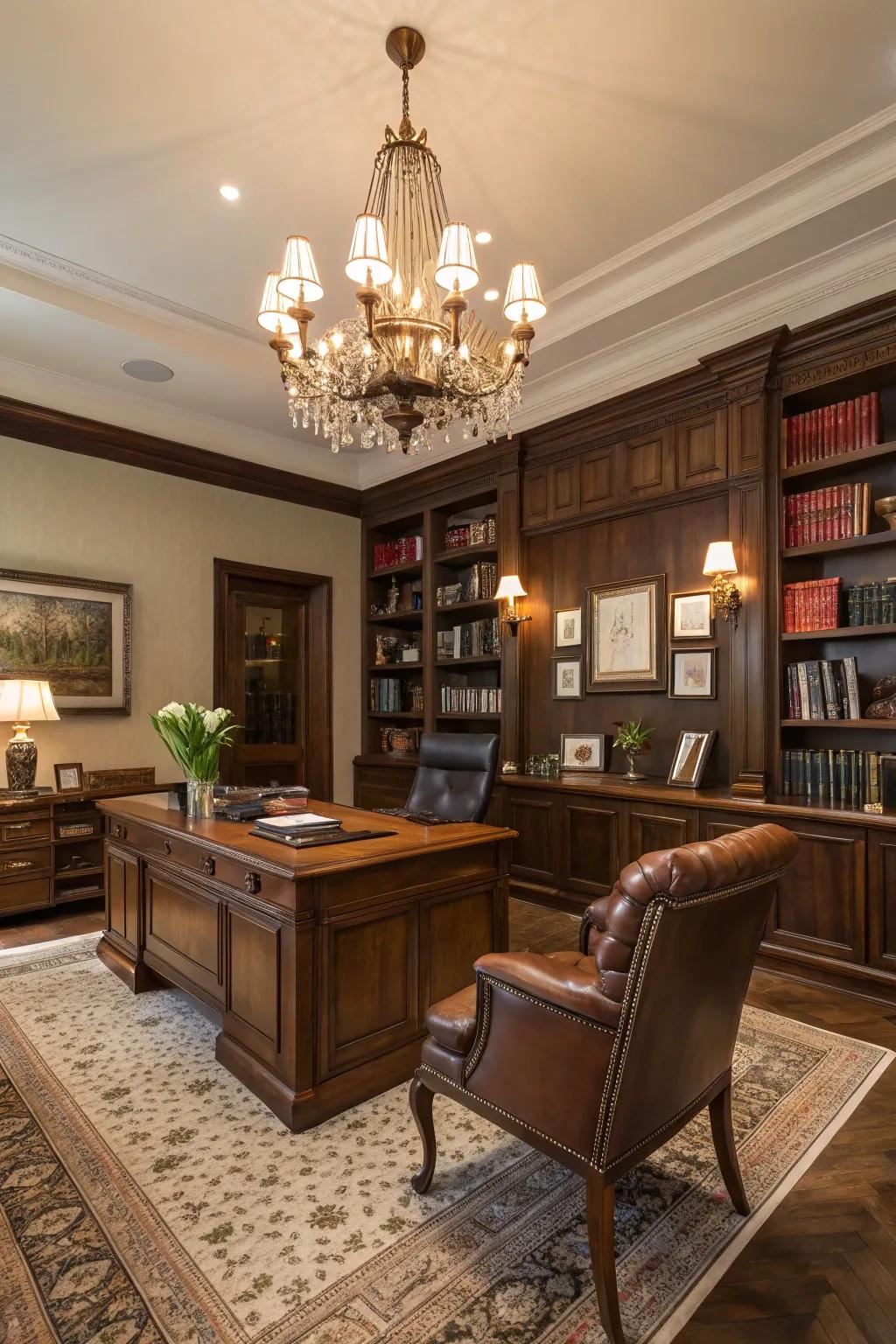 Chandeliers contribute an element of class and elegance to office lighting.