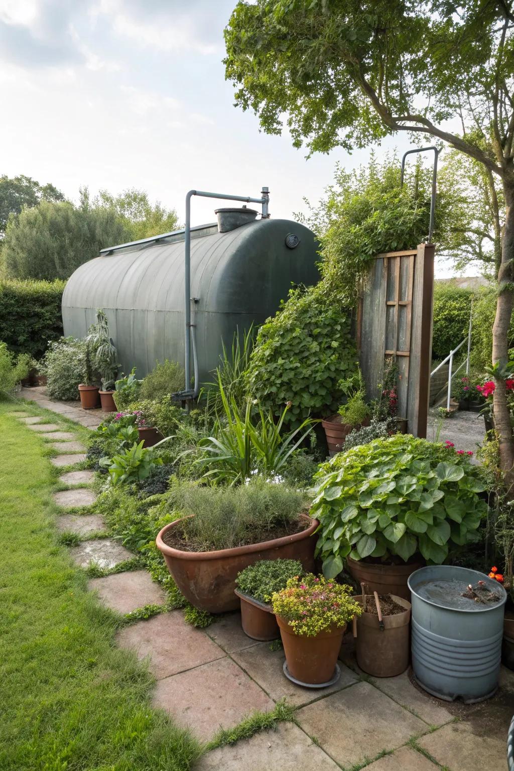 A fuel container thoughtfully camouflaged by diverse potted plants.