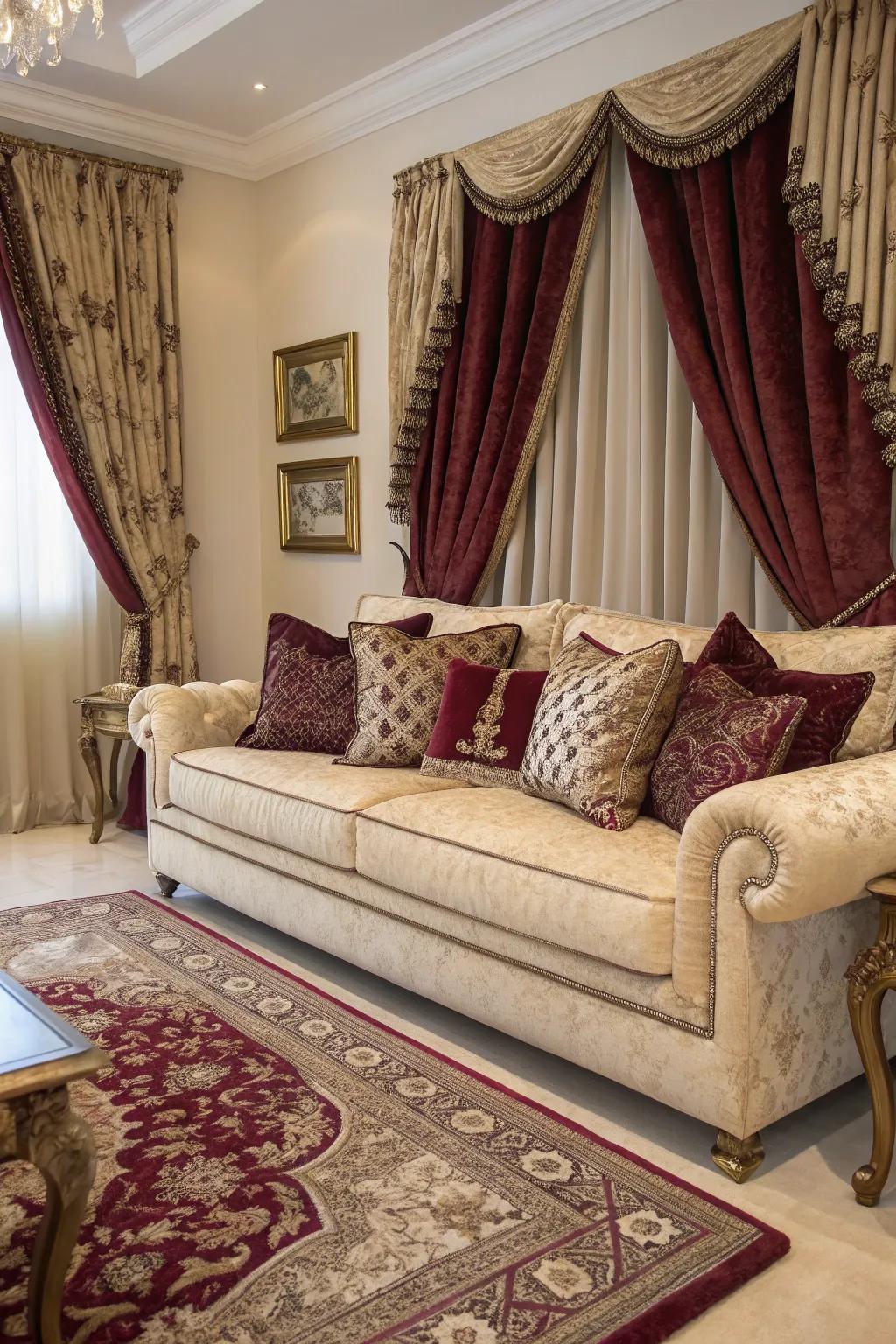 Exquisite textiles transform the living area into a relaxing escape.