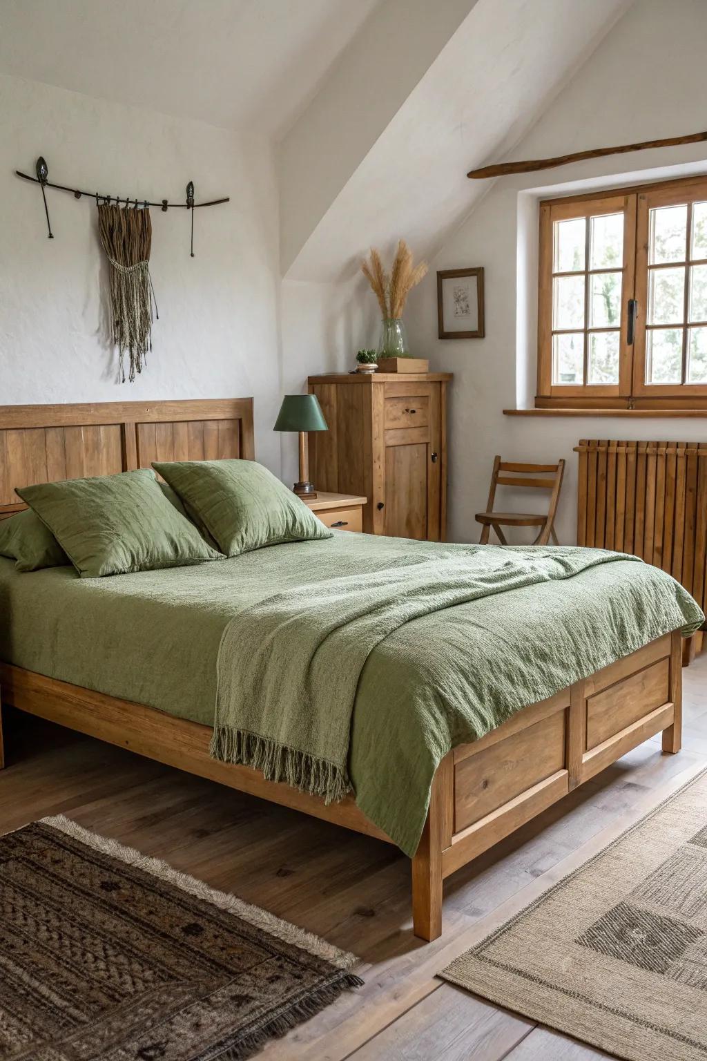 The earthy impression of olive green bedding is enhanced when combined with wood features.