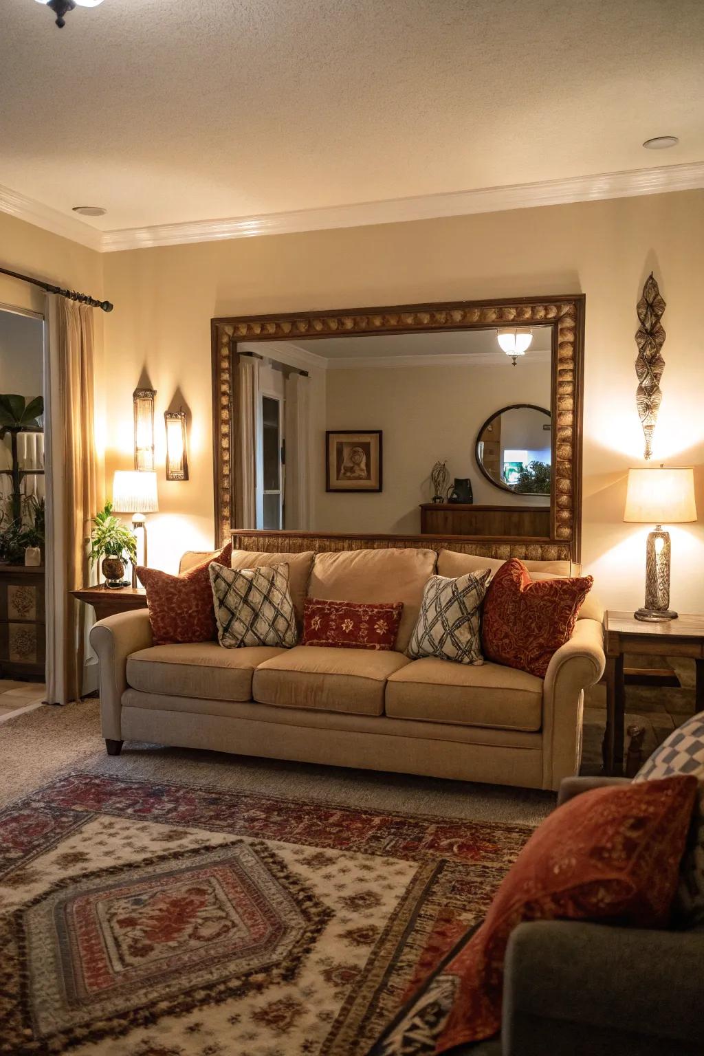 A strategically placed mirror brings light and space into the room.