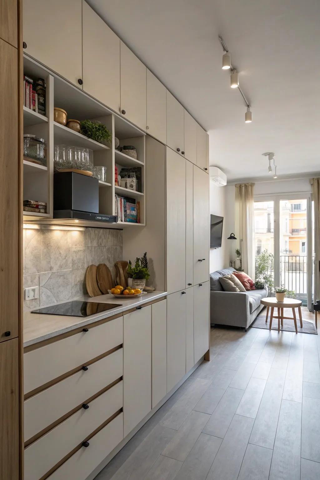 Vertical storage ideas maximize space in a one-wall kitchen.