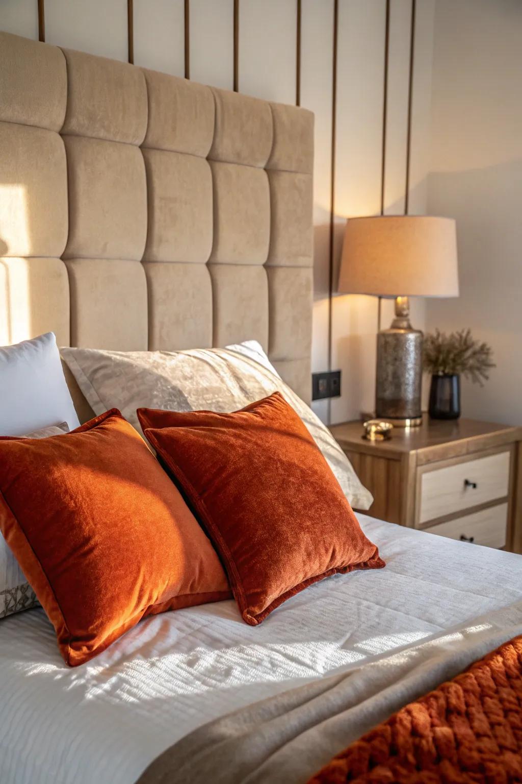 Orange velvet introduces a hint of luxury and texture.