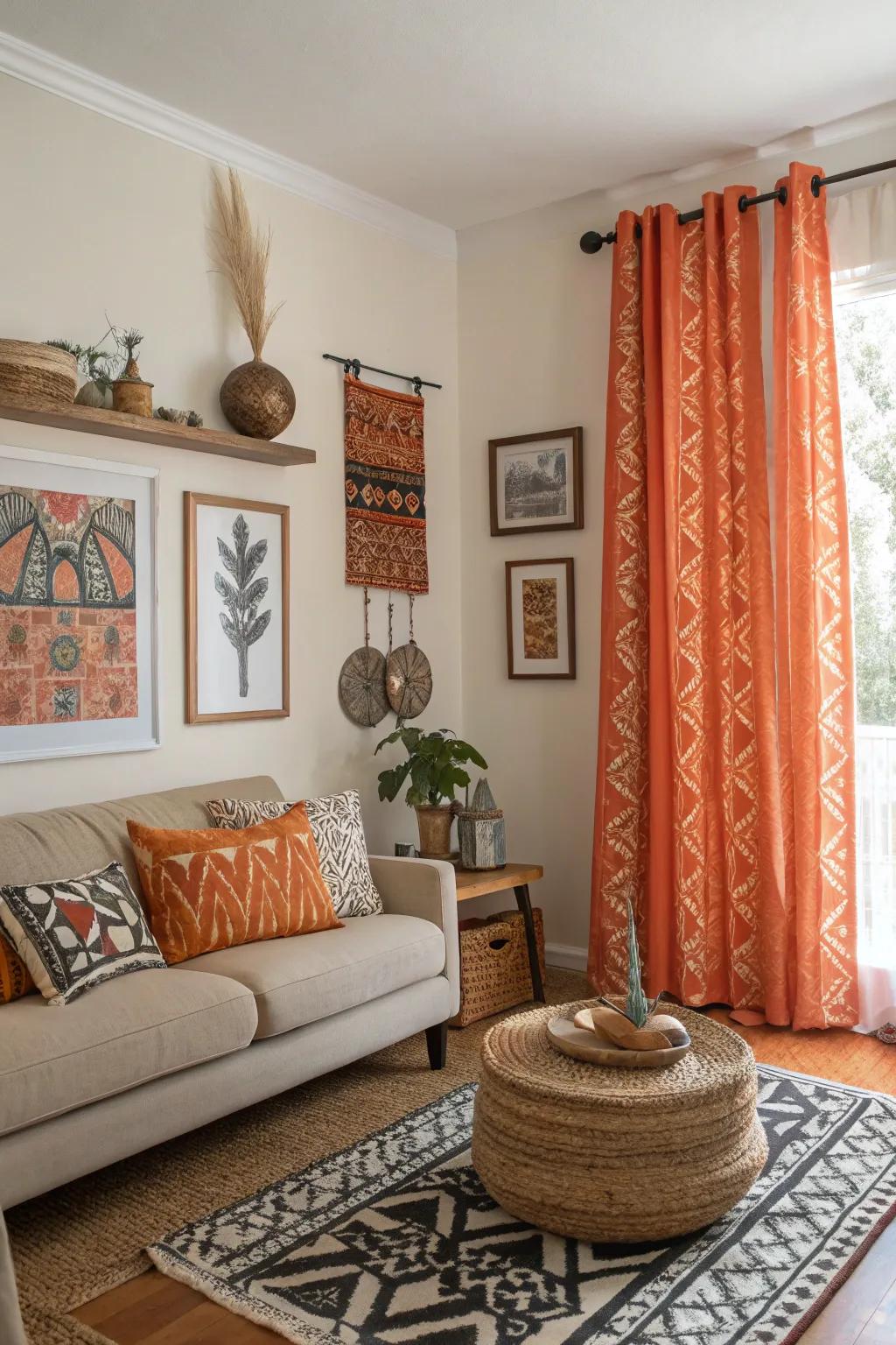 Eclectic living space with mixed-patterned orange window coverings.