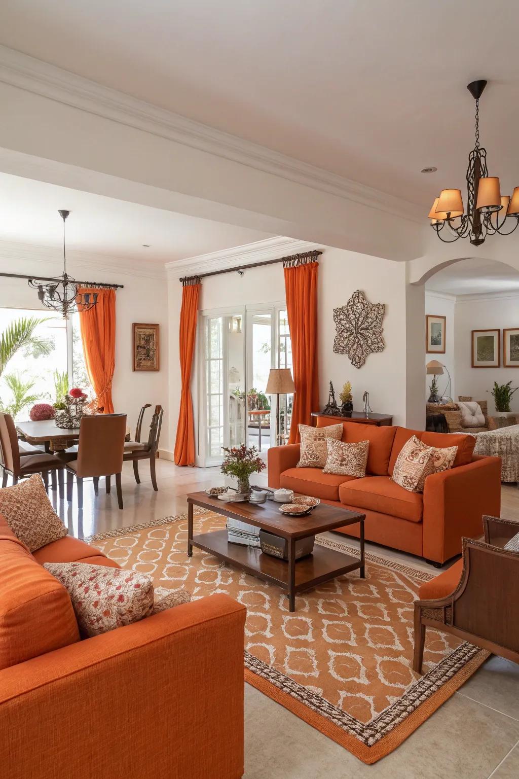 An open-plan living and dining space with cohesive orange design.