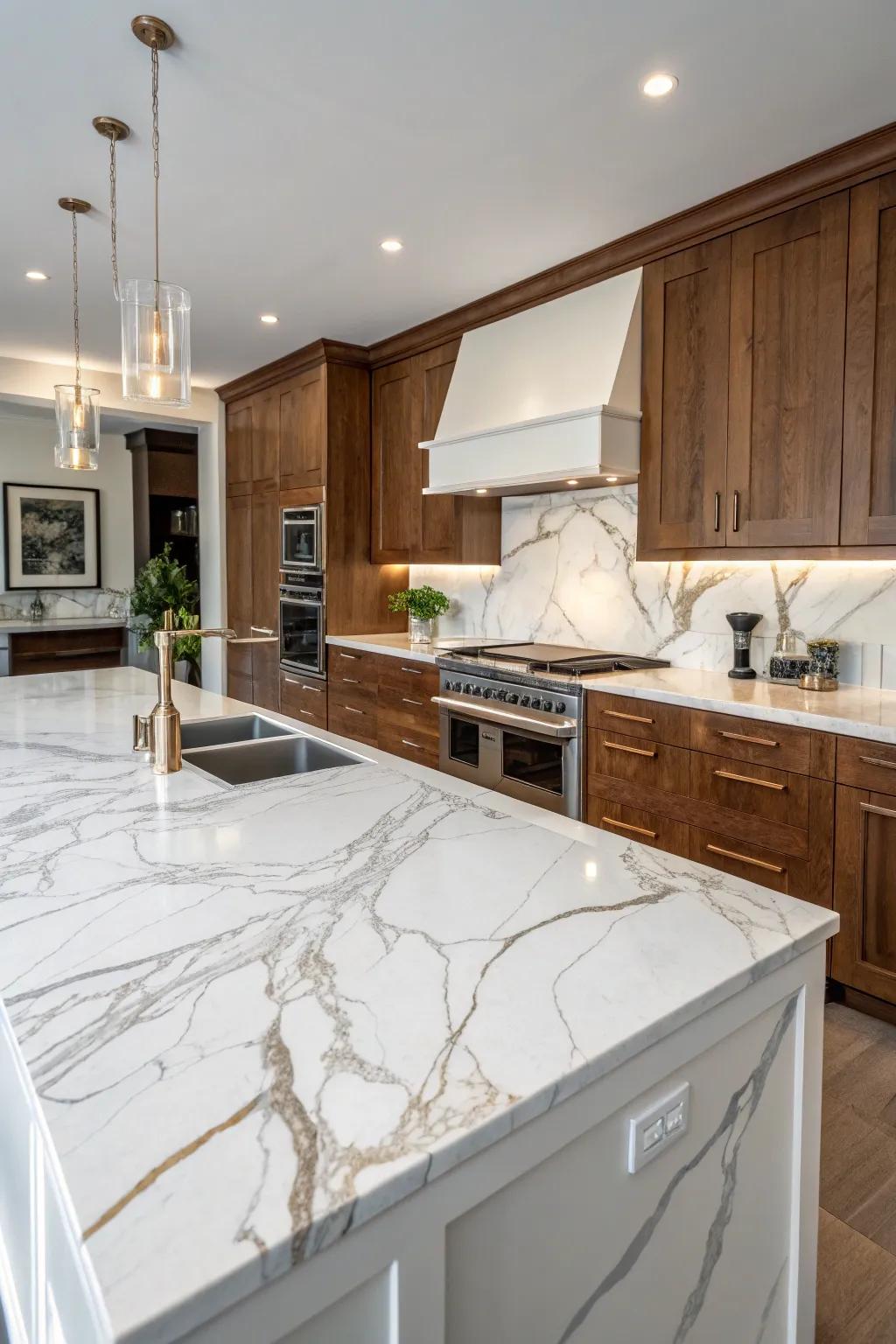 The inclusion of natural stone introduces a luxurious and organic touch to the kitchen.