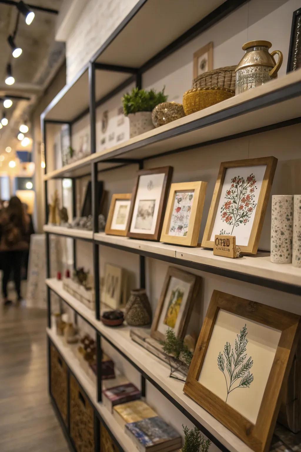 Art pieces contribute an artistic touch to shelf arrangements