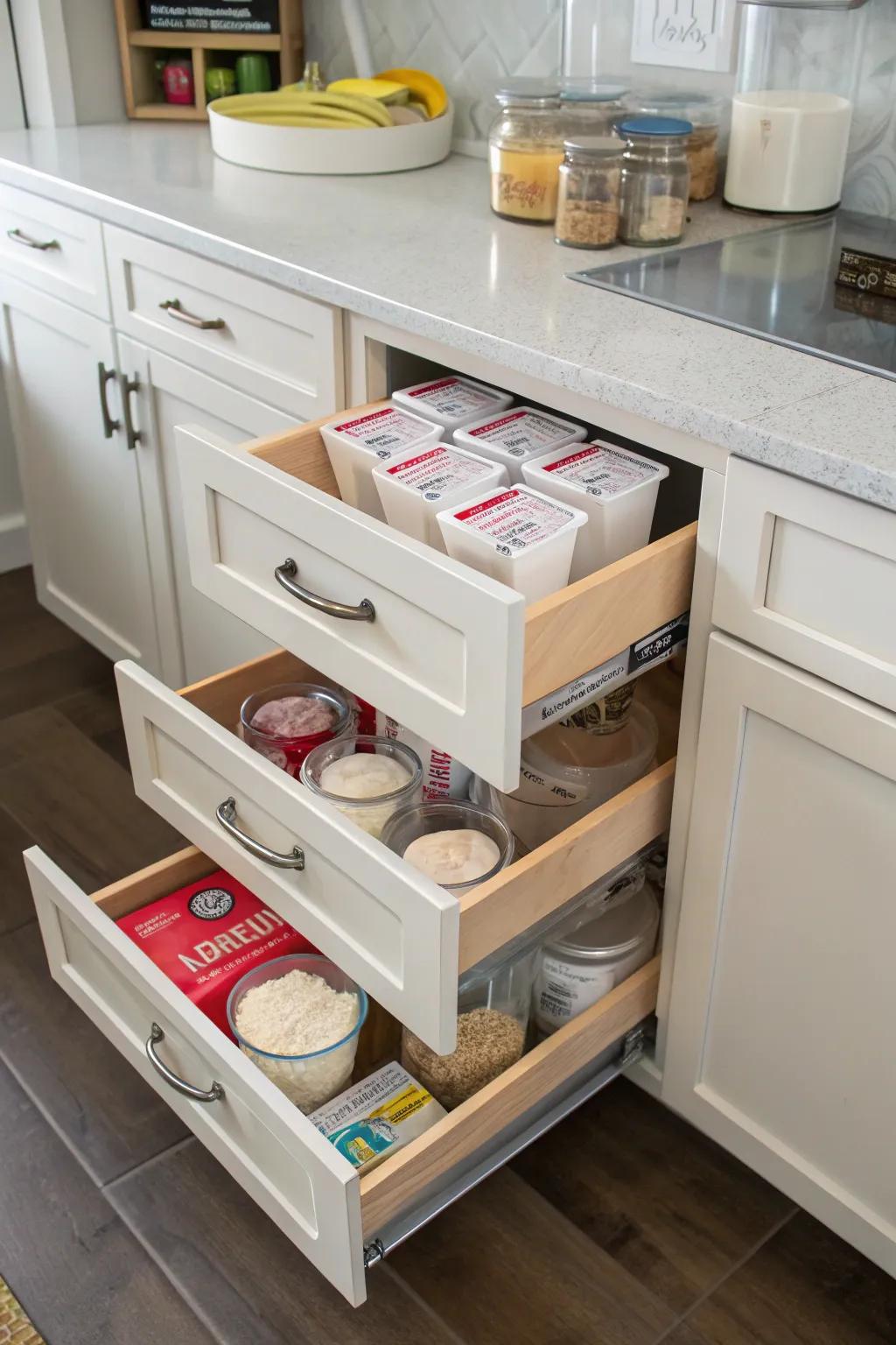 Slide-out drawers provide simple access to deep cupboard storage.