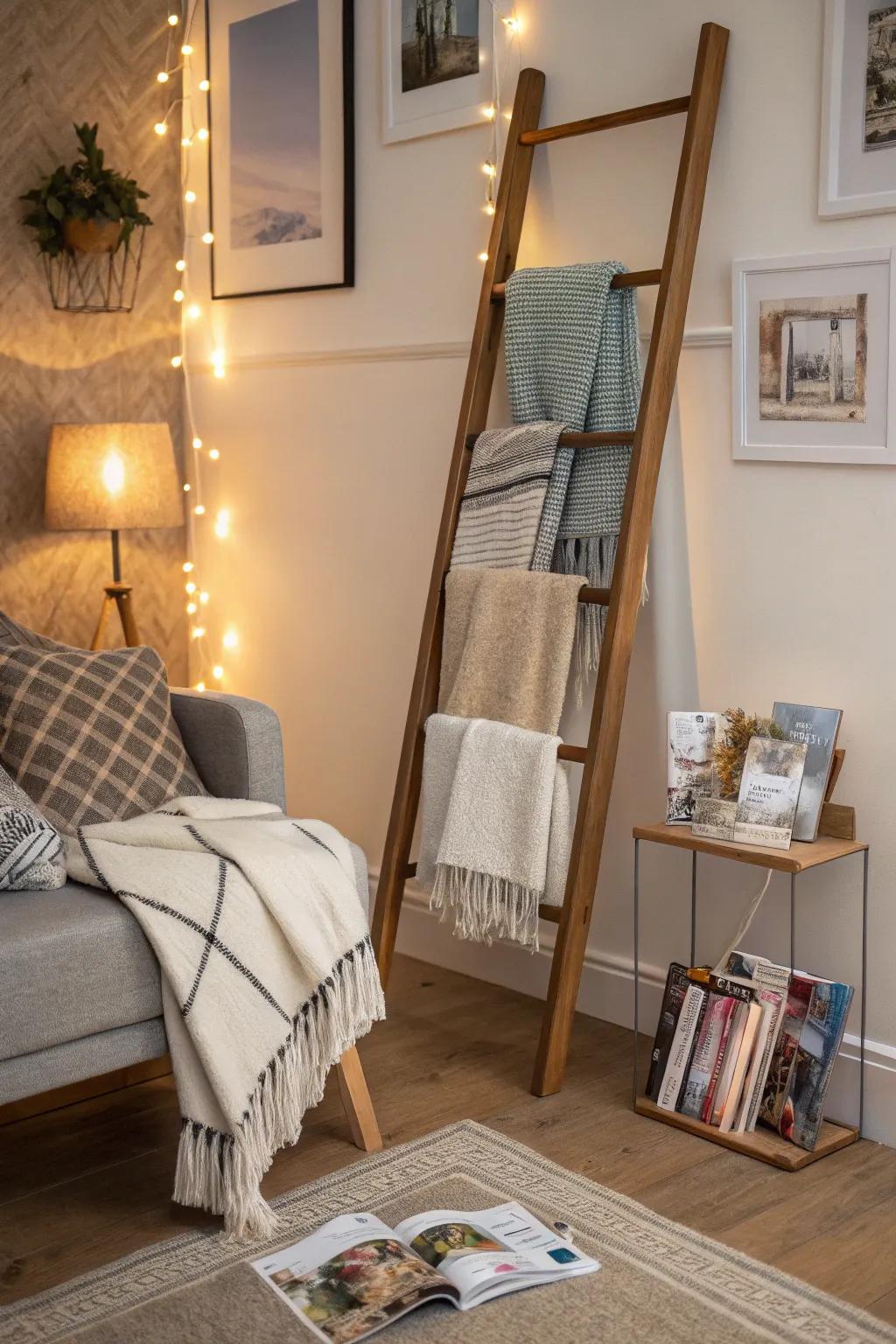 A ladder introduces a rustic charm and adds storage.