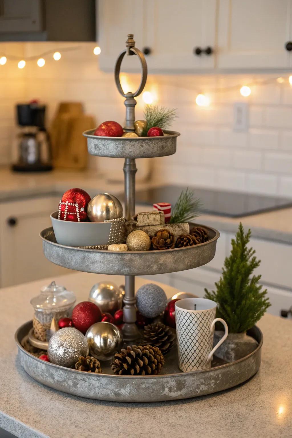 A charming vignette atop a tiered platter showcasing ornaments.