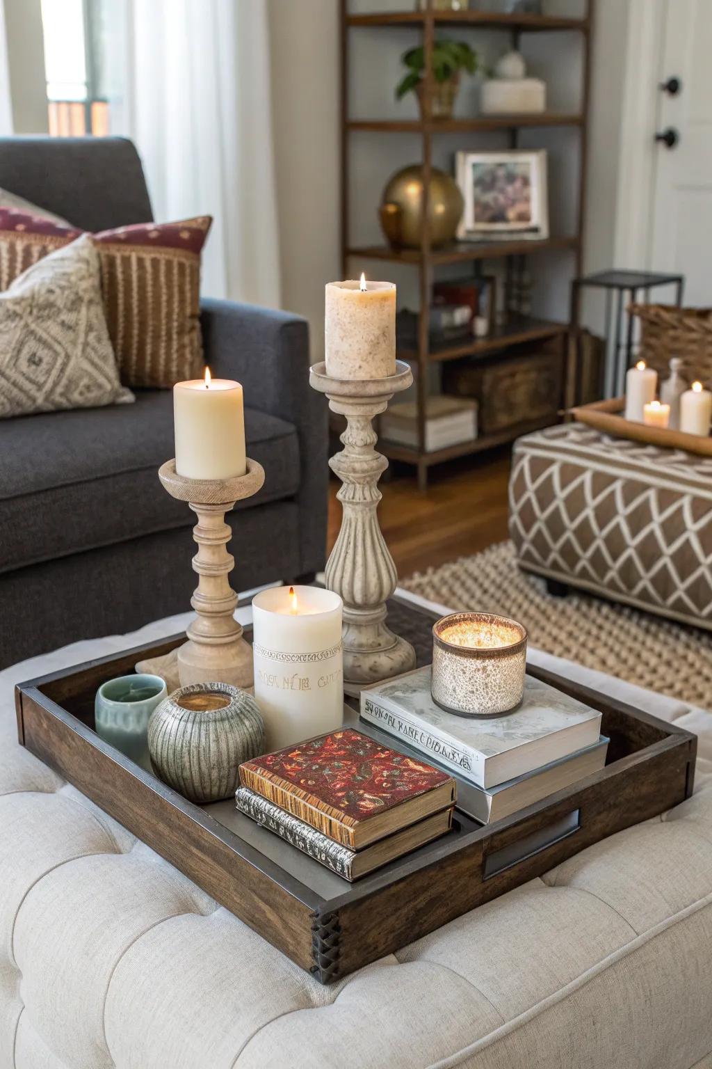 Create visual intrigue by varying décor heights.