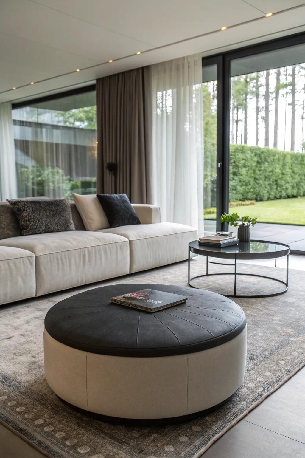 A rounded ottoman presenting playful curves