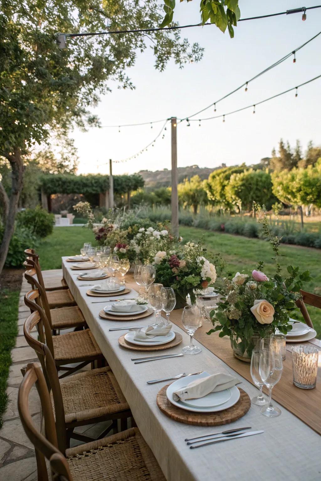 An elegantly arranged outdoor dining surface prepared for visitors.