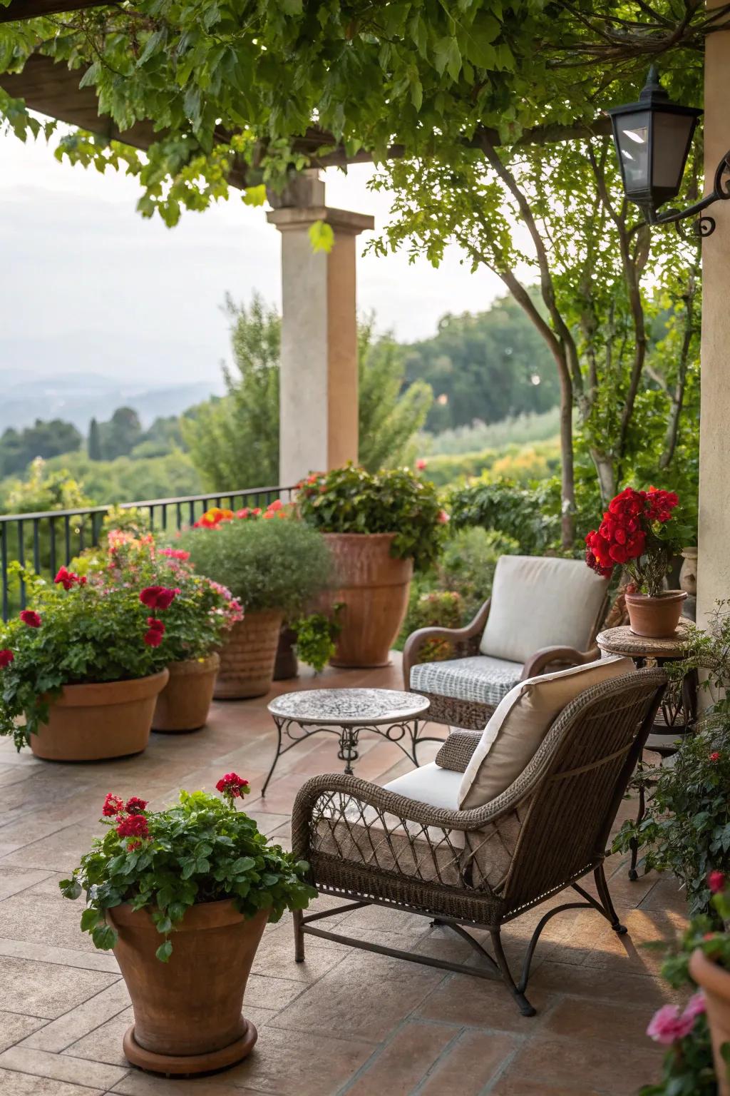 A practical deck environment showcasing potted flora and cozy seating.