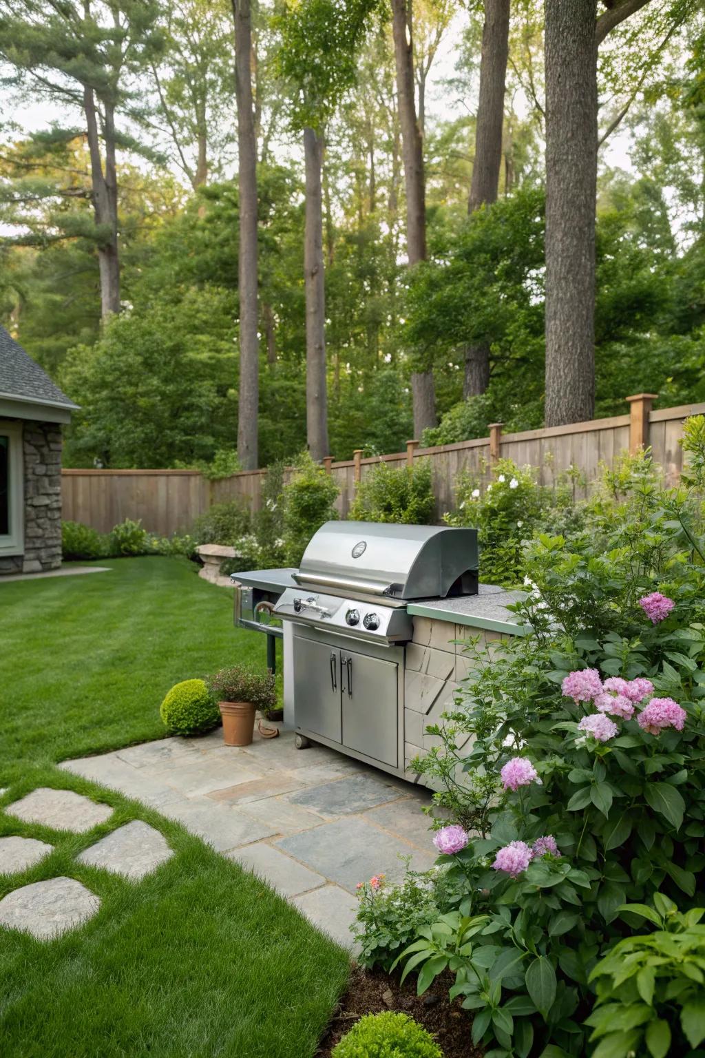 A seamlessly integrated barbecue space enhances your backyard's charm.