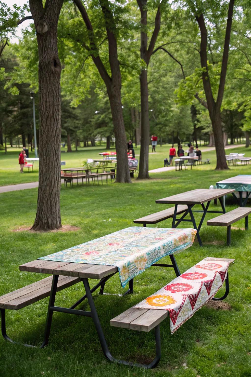 Striking table linens bring character and style to park picnics.