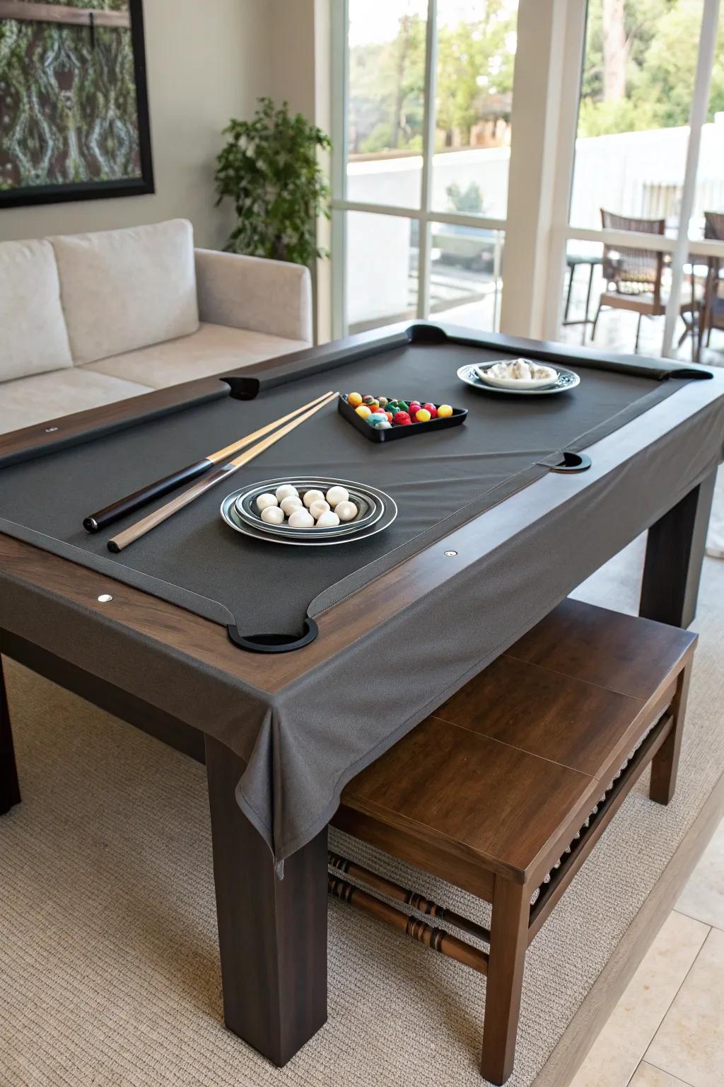 A billiard table featuring a convertible shield, doubling as a dining expanse.
