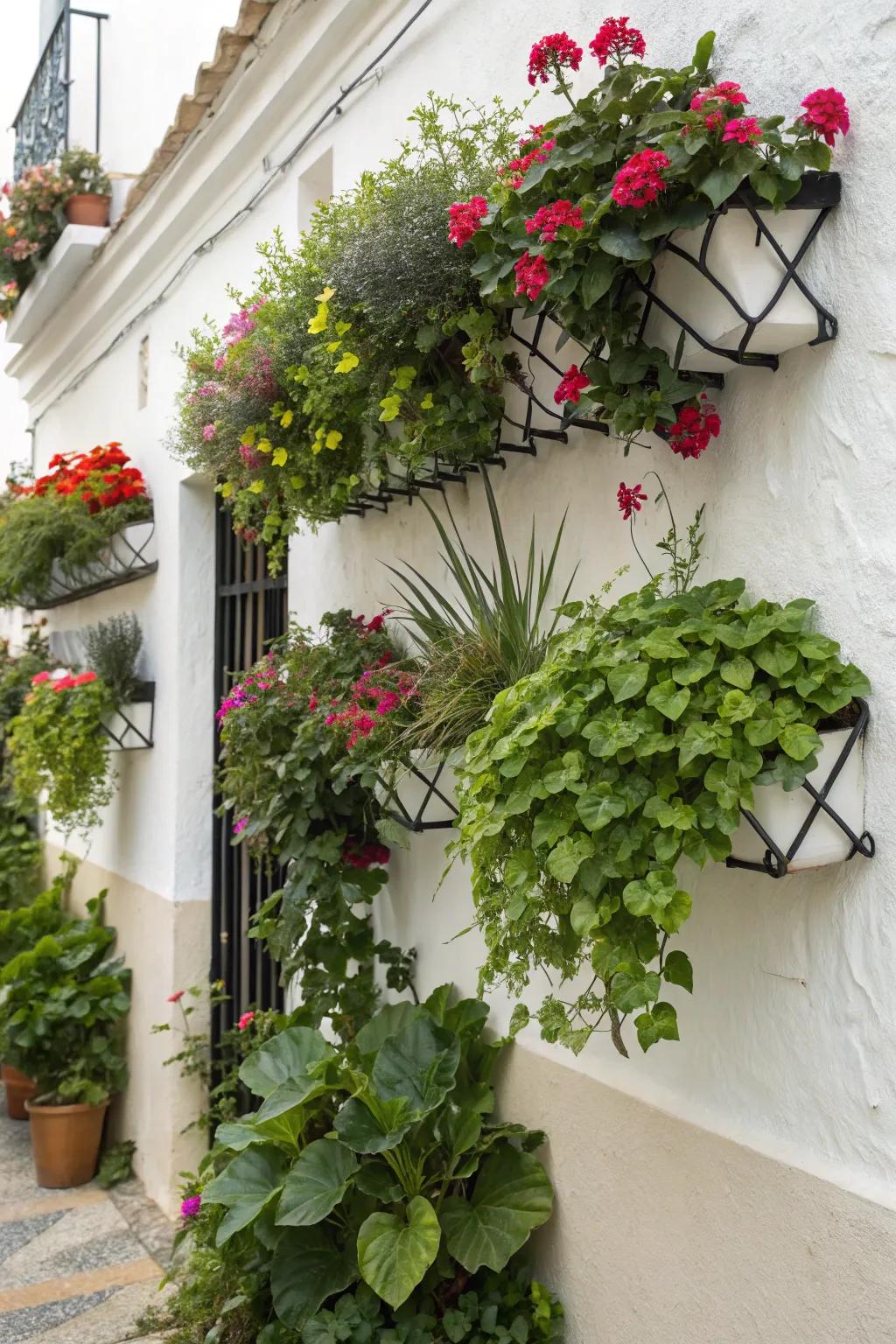 Craft a vibrant display using mixed plants and blooms.