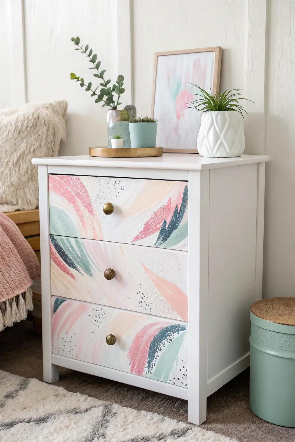 Elevate your space with an artistic touch—this painted bedside table blends abstract art with minimalist elegance.