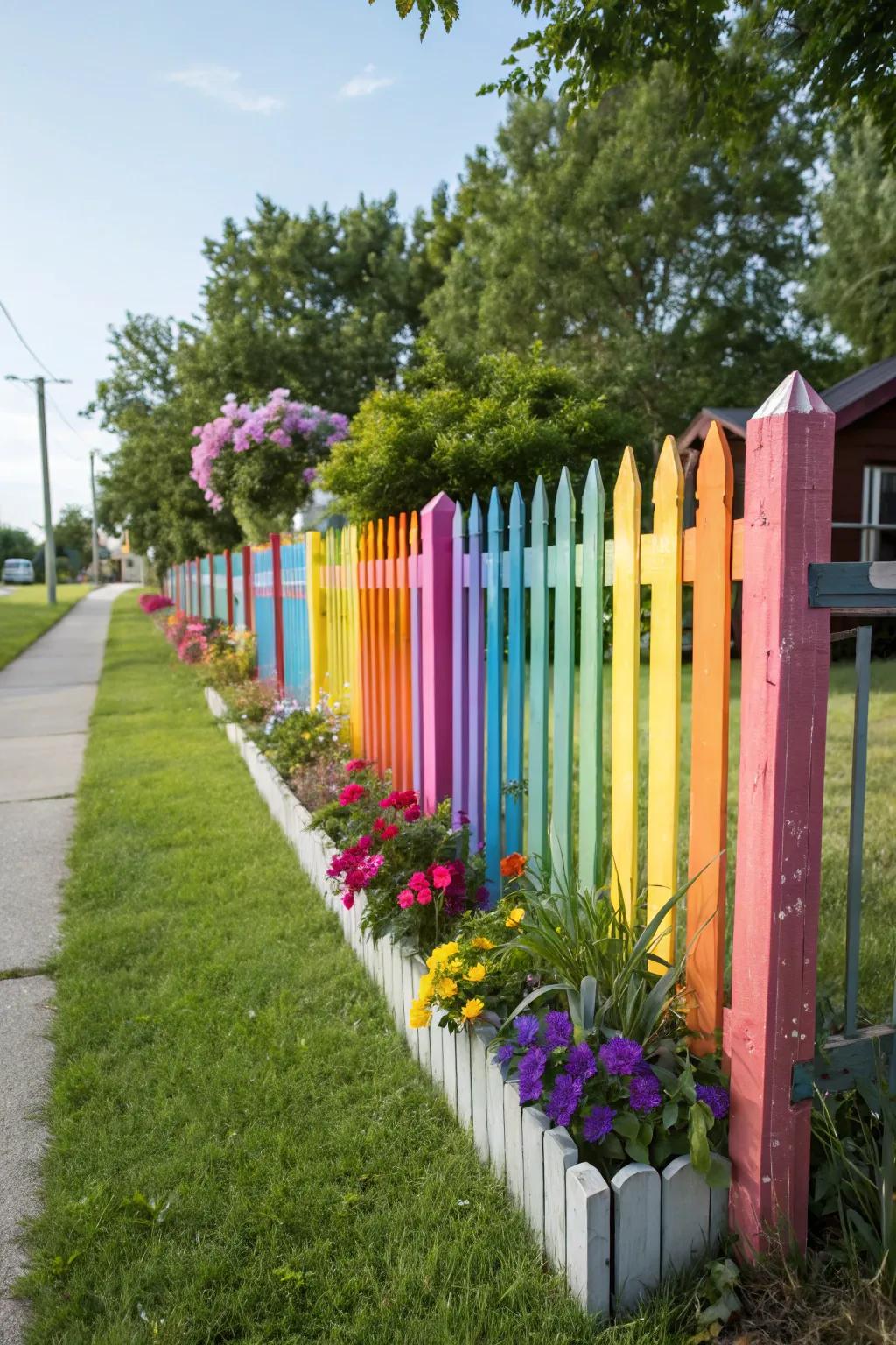 A whimsical fence displaying a rainbow of colors.