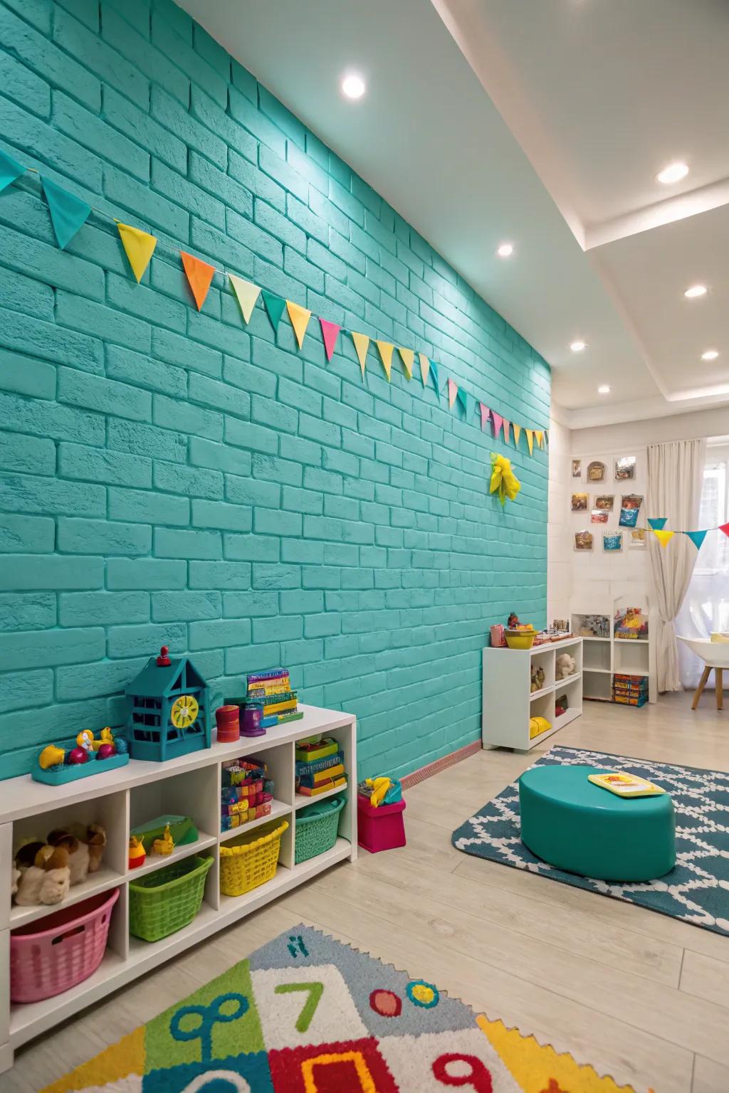 A lively playroom brought to life by a bright teal brick wall.