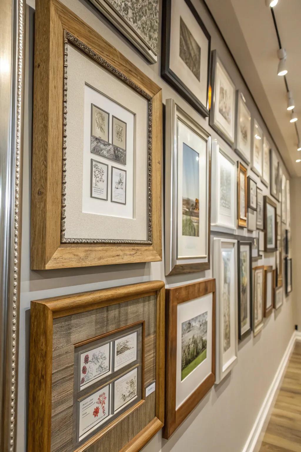 Mixed media frames adding texture and depth.