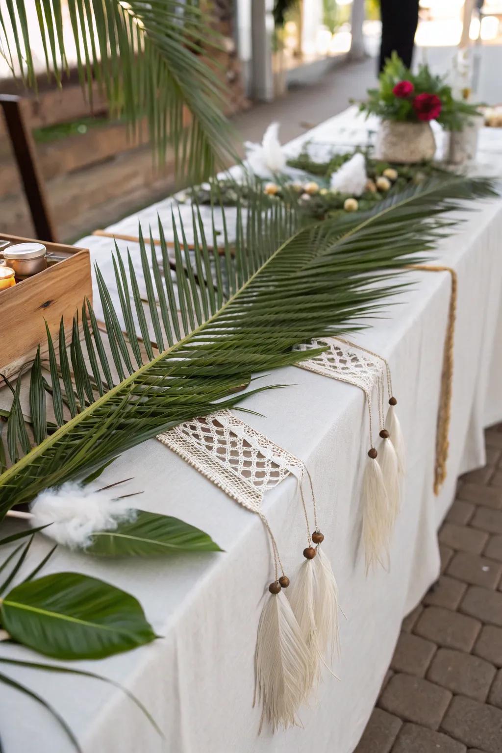 Palm greenery blends seamlessly with bohemian components, creating a relaxed ambiance.