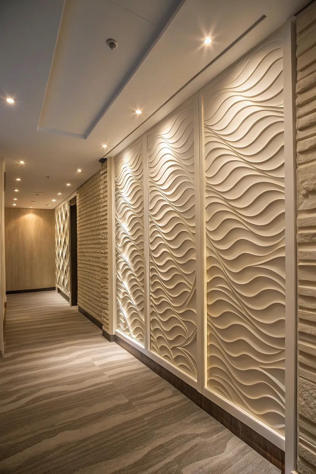 Room featuring calming wave-textured panel designs.