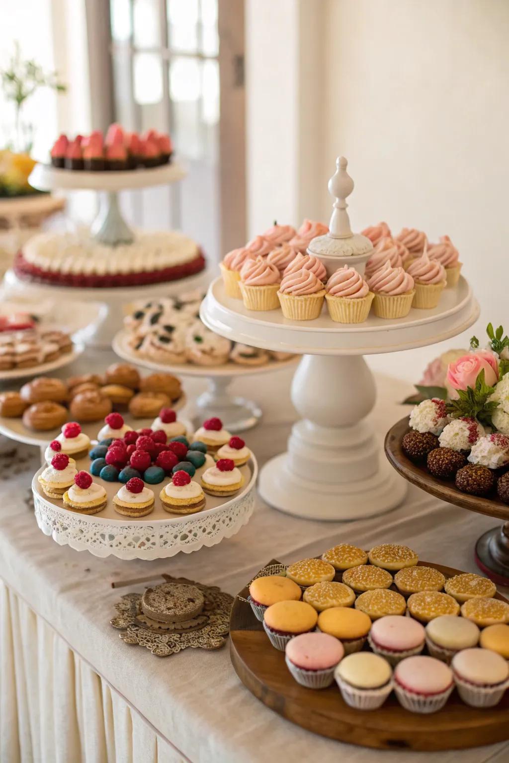 A handcrafted dessert centerpiece introduces a sweet touch to the party.