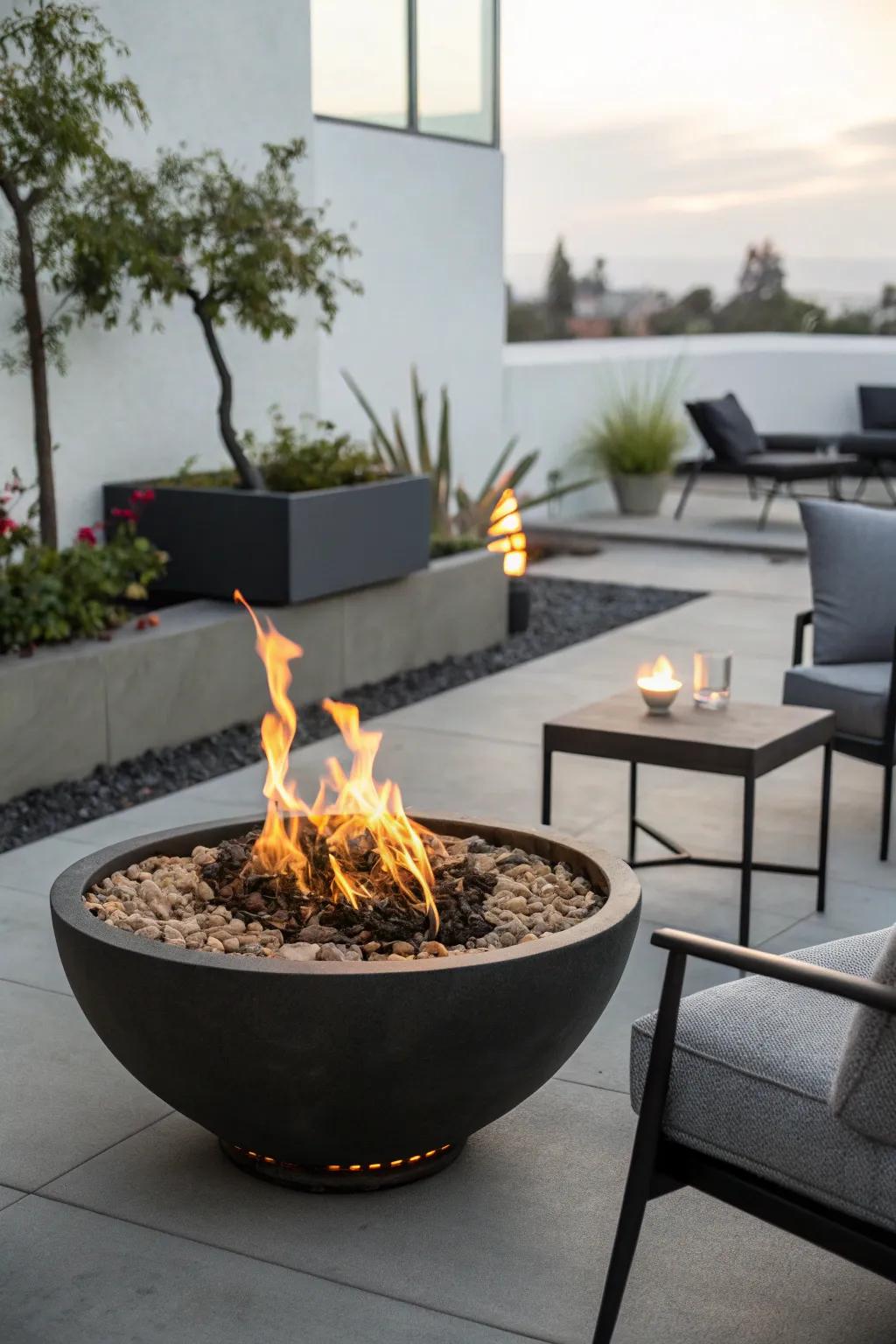 Artistic fire features serve as stunning patio focal points.