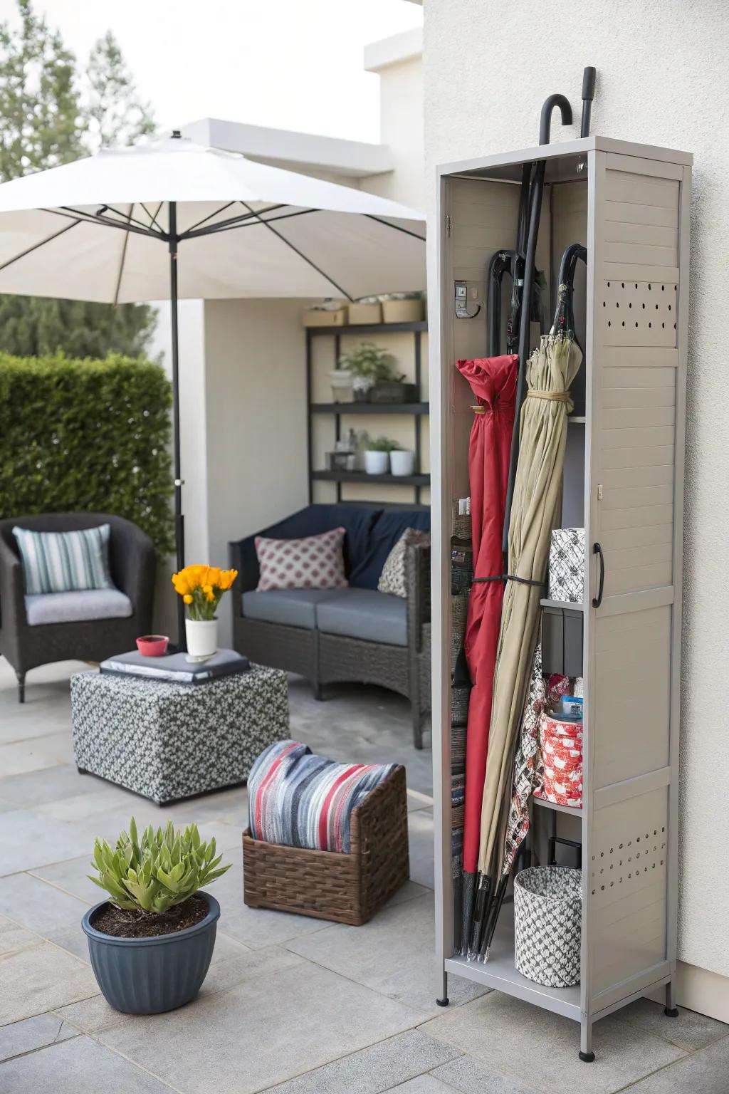 Space-saving vertical storage element for patio essentials.