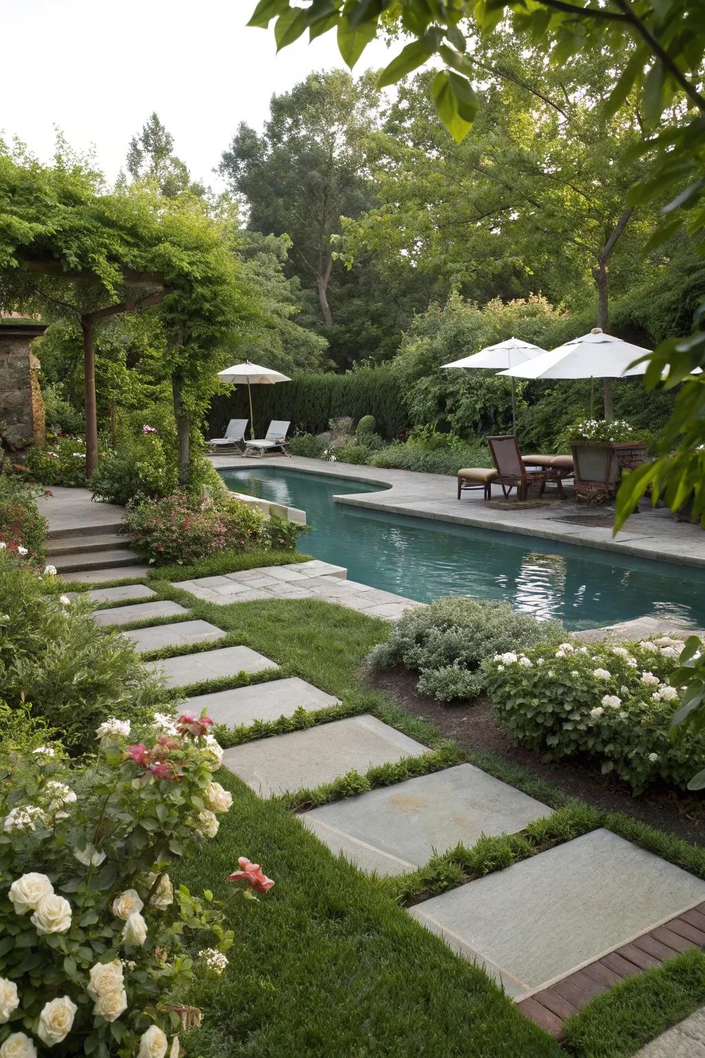 Walkway stones create a delightful path to the pool.