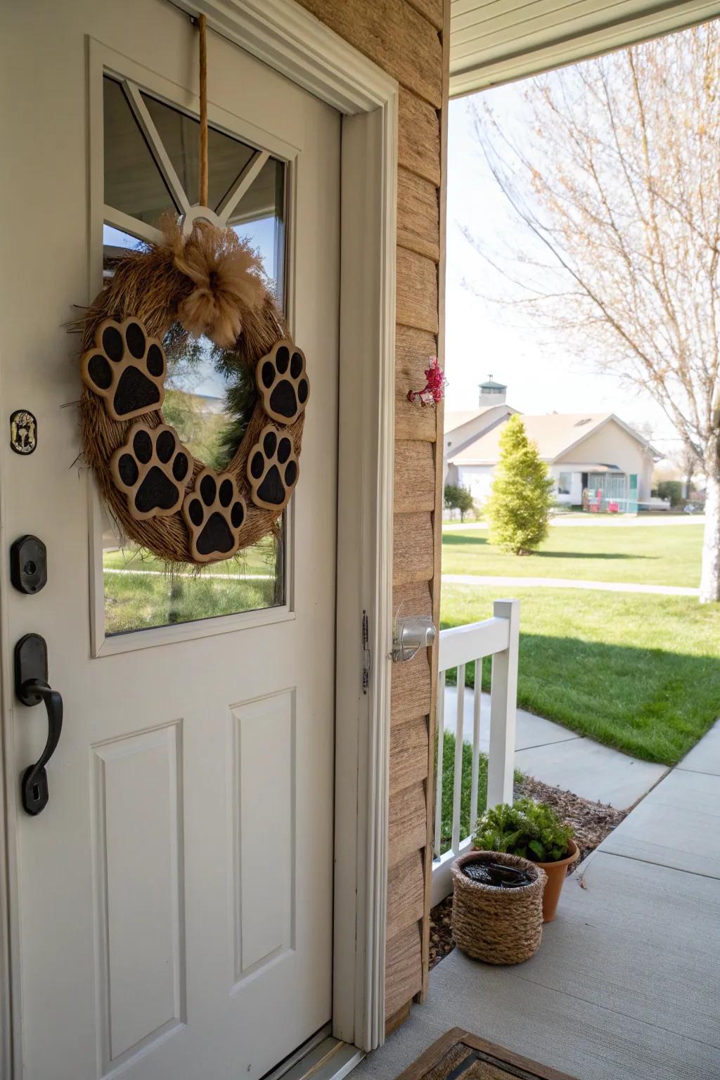 A welcoming paw print garland on a front door.