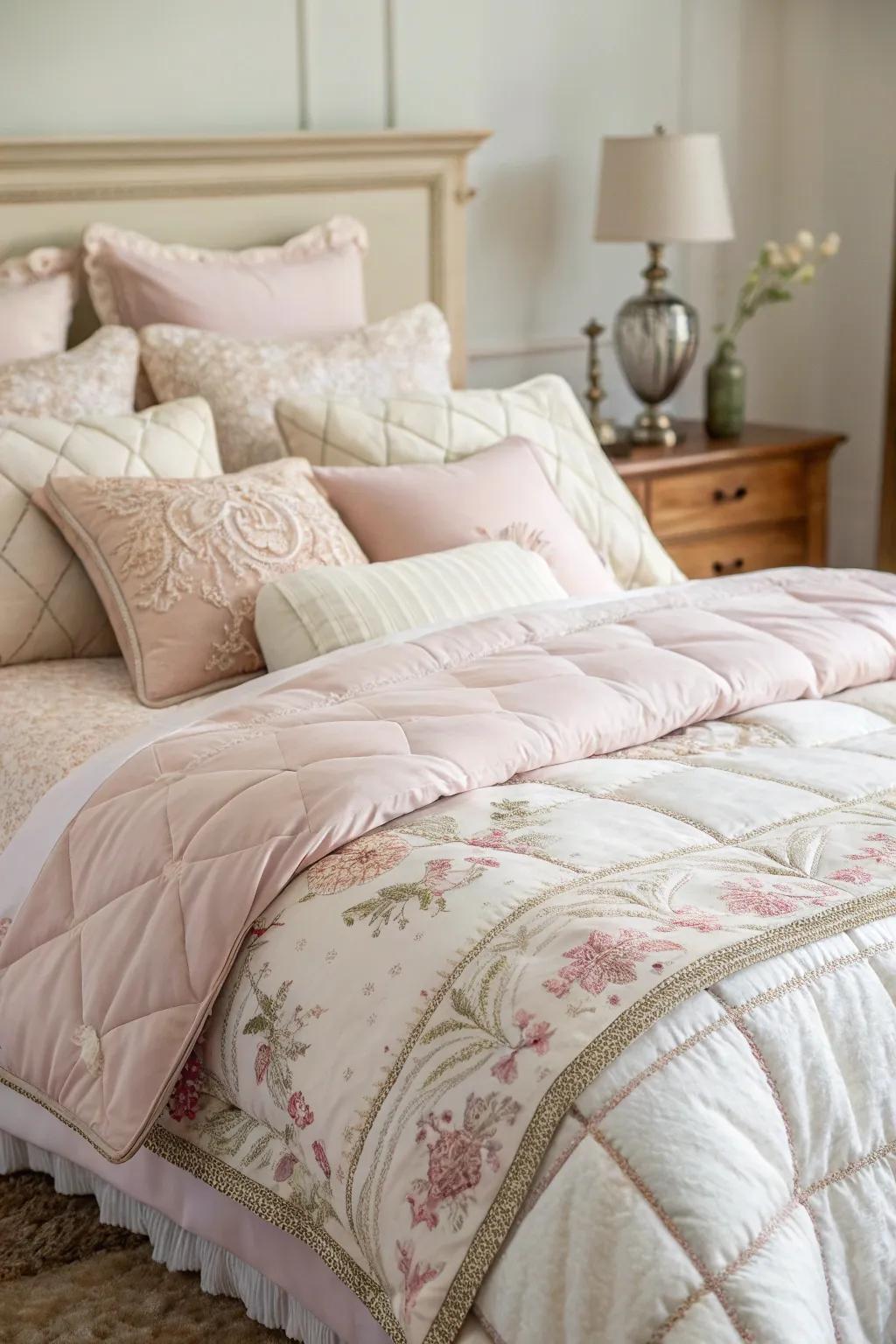A bed is dressed with comfortable bedding that enhances relaxation and rest.